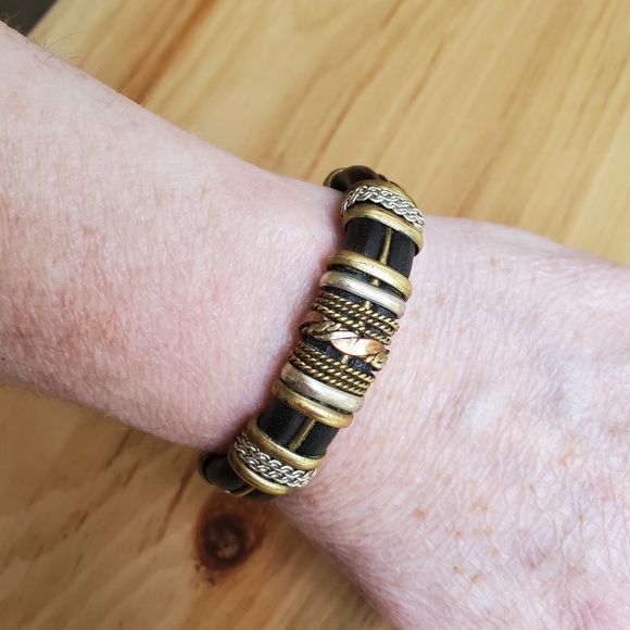 Leather Bracelet with Brass, Stainless & Copper Accents - Picture 5 of 10